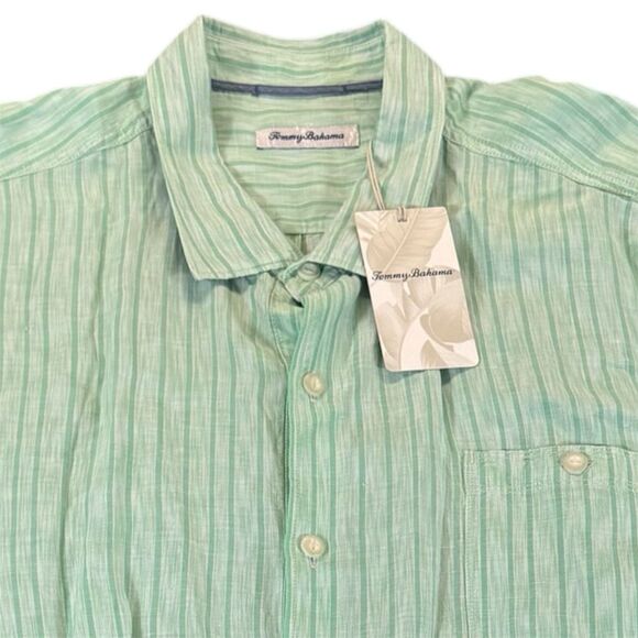 TOMMY BAHAMA Sz XXXL Sand Linen Blend Surfside Stripe Shirt Men Jade Cream NWT